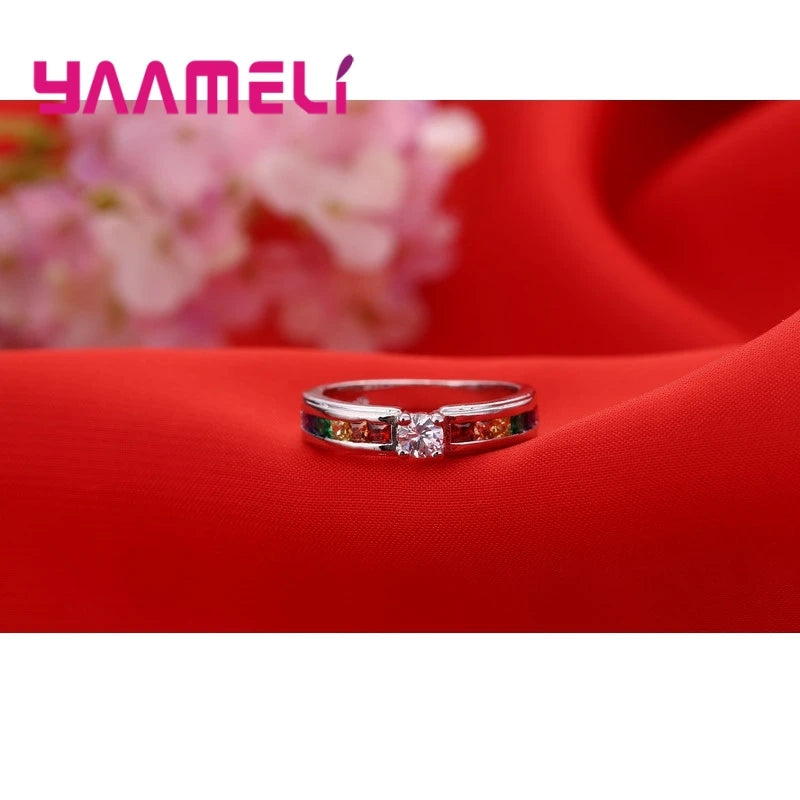 Women's 925 Sterling Silver Rainbow CZ Wedding Ring