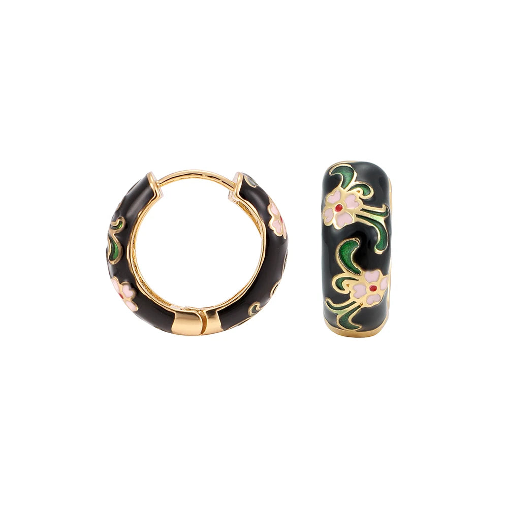 Women's Vintage Enamel Flower Huggie Hoop Earrings