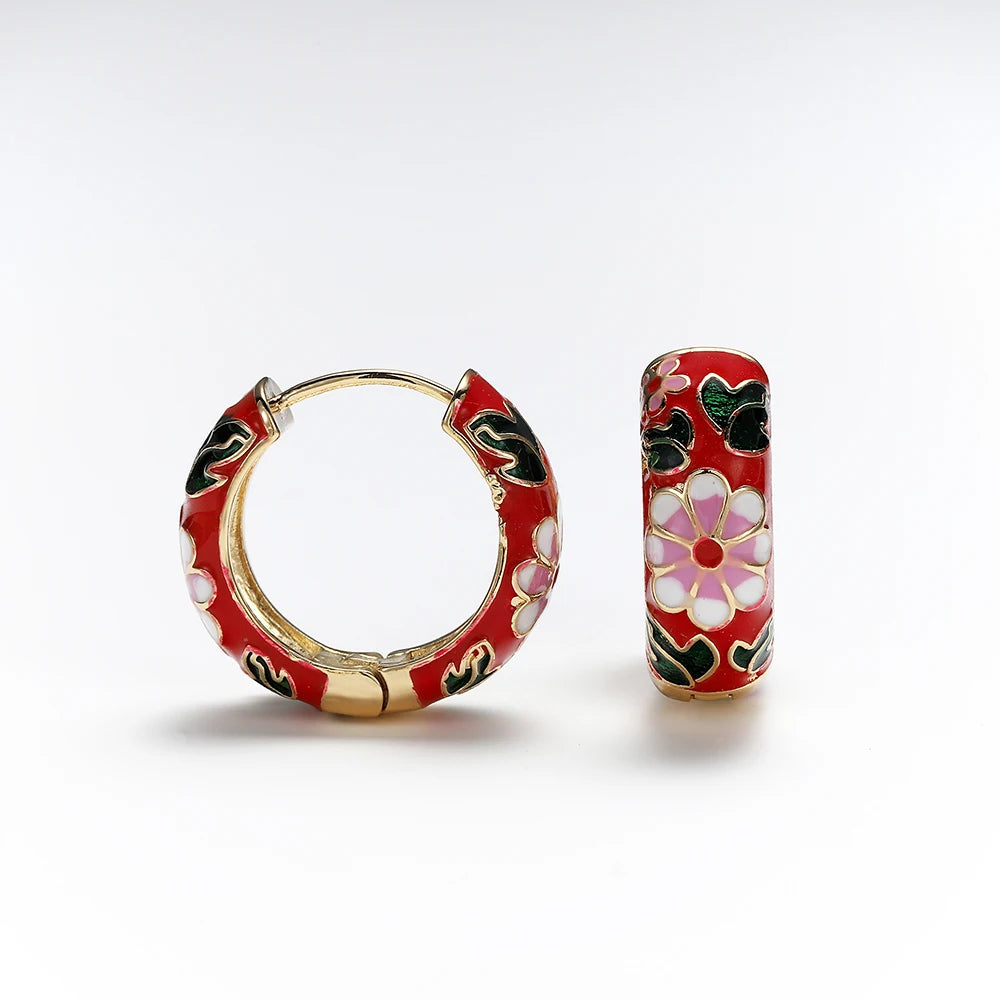 Women's Vintage Enamel Flower Huggie Hoop Earrings