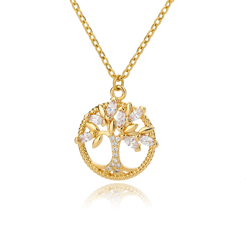Zircon Tree of Life Round Pendant Necklaces For Women Stainless Steel Chain Choker Rhinestone Collar Jewelry Gift Femme