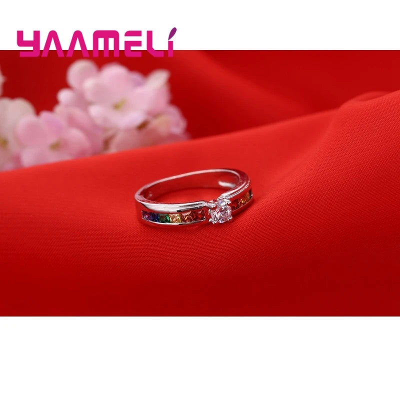 Women's 925 Sterling Silver Rainbow CZ Wedding Ring