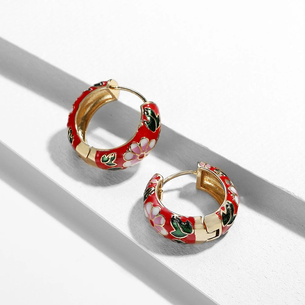 Women's Vintage Enamel Flower Huggie Hoop Earrings