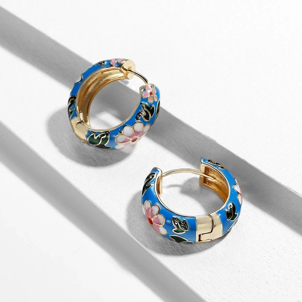 Women's Vintage Enamel Flower Huggie Hoop Earrings