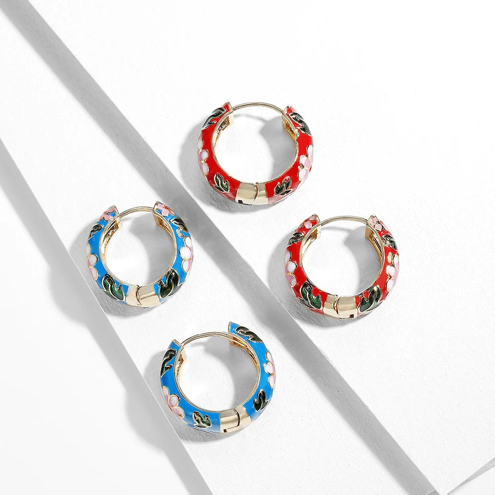 Women's Vintage Enamel Flower Huggie Hoop Earrings