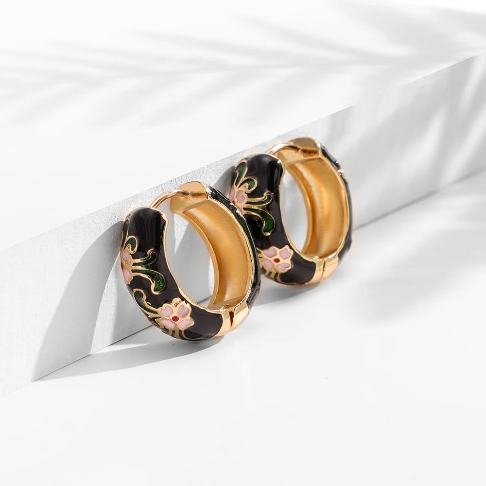 Women's Vintage Enamel Flower Huggie Hoop Earrings