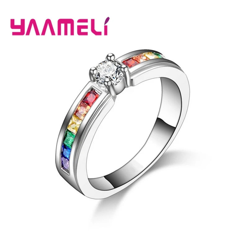 Women's 925 Sterling Silver Rainbow CZ Wedding Ring