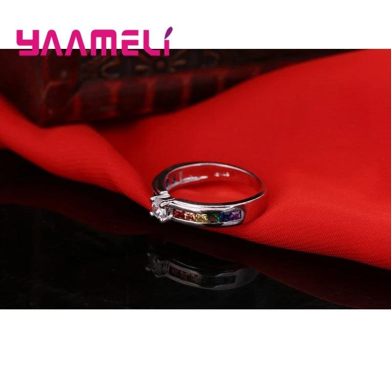 Women's 925 Sterling Silver Rainbow CZ Wedding Ring