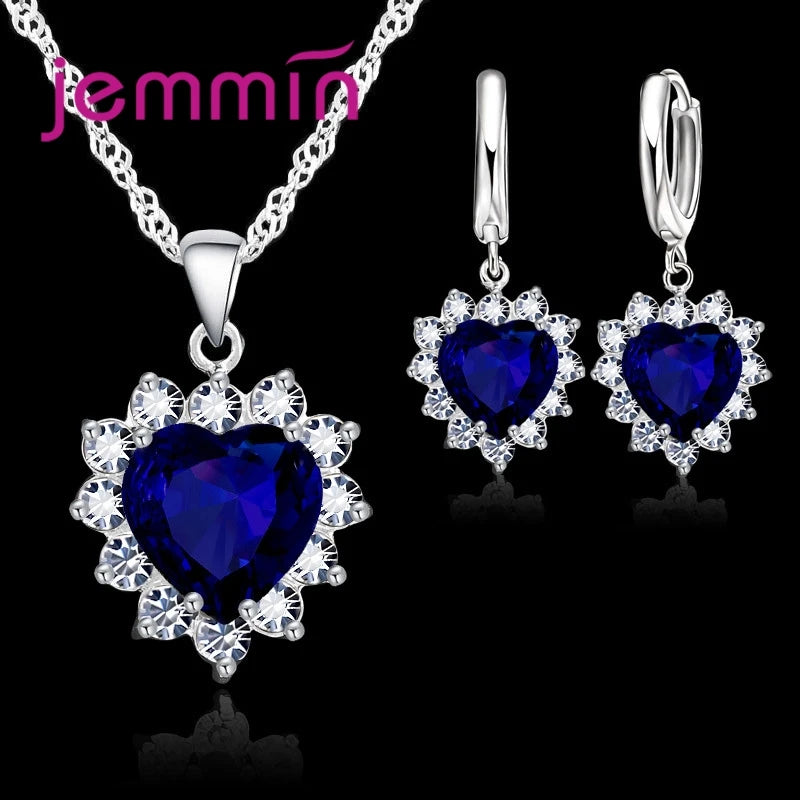 Top Sale Wding Engagement Anniversary Gift Jewelry Sets 925 Silver Color Stamped Heart Pendant Hoop Earrings for Women Girls