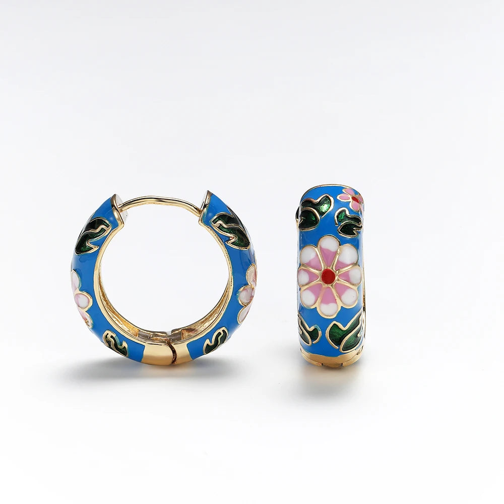 Women's Vintage Enamel Flower Huggie Hoop Earrings