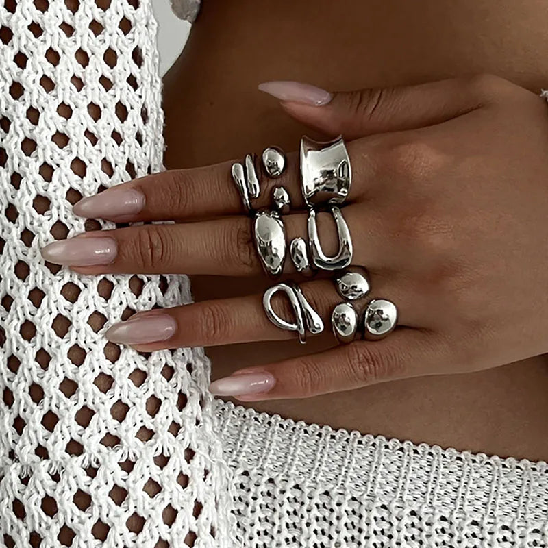 Fashion Vintage Metal Rings For Women Gift Punk Hip Hop Gold Silver Color Irregular Knuckle Joint Ring 14pcs/set