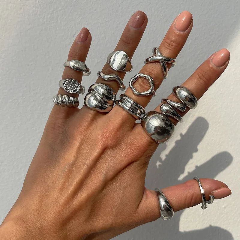 Fashion Vintage Metal Rings For Women Gift Punk Hip Hop Gold Silver Color Irregular Knuckle Joint Ring 14pcs/set