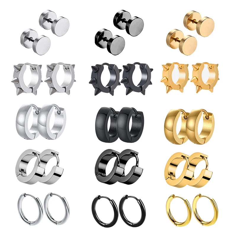 Unisex Black & Gold Stainless Steel Fake Earrings