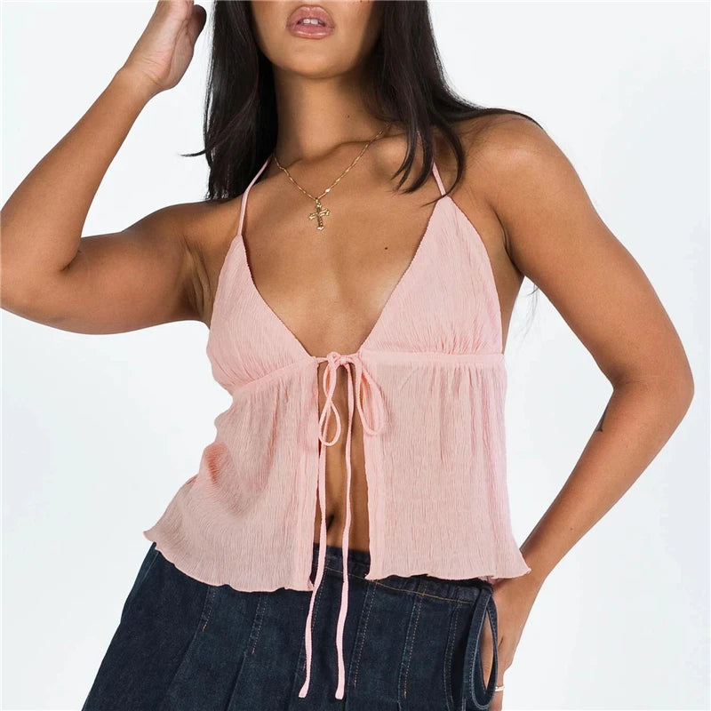 Bowknot Lace-Up Halter Crop Top