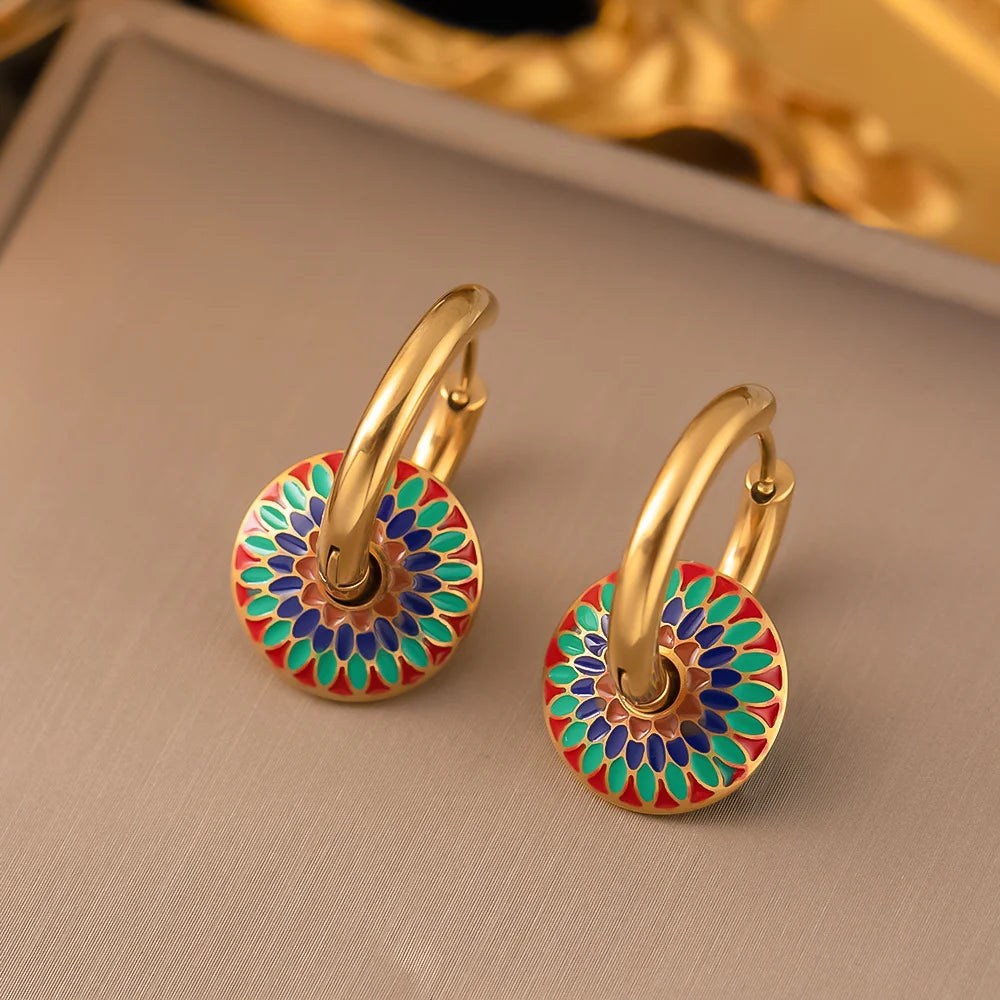 2 PCS Set Hear/Round Epoxy Earring Necklace Set Gold Color Metal Colorful Epoxy Women‘s Daily Wear Jewelry Valentines Gifts