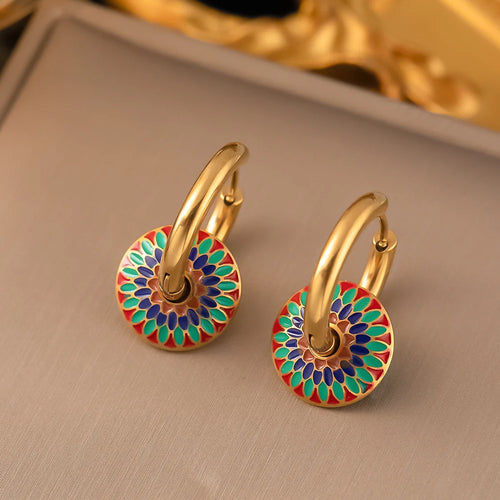 2 PCS Set Hear/Round Epoxy Earring Necklace Set Gold Color Metal Colorful Epoxy Women‘s Daily Wear Jewelry Valentines Gifts