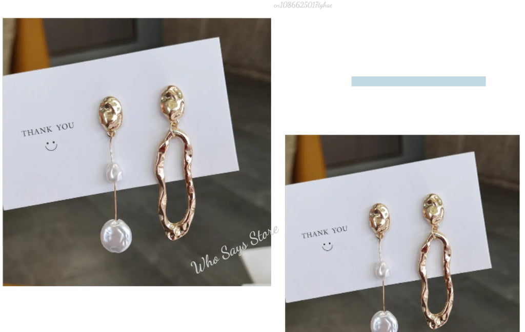 New Elegant Asymmetric Earring Freshwater Pearl Metallic Exaggerated Long Stud Earring Ladies and Girls Party Jewelry Gifts