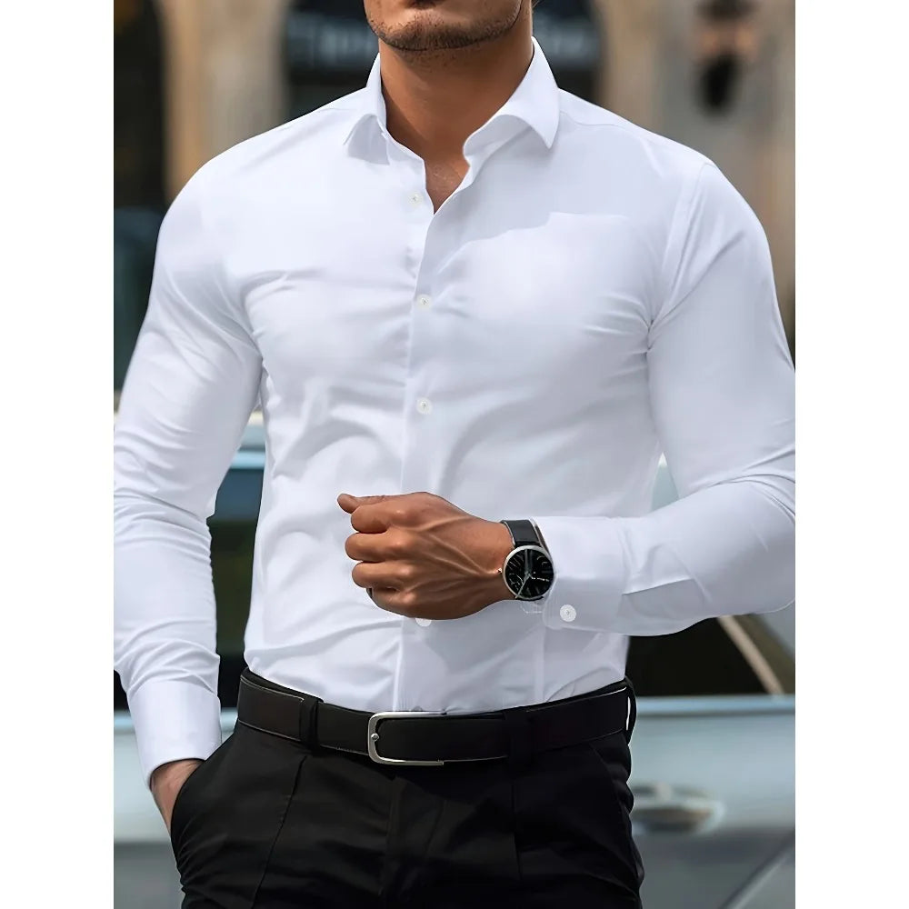 Elastic Fabric Long Sleeve Solid Shirt
