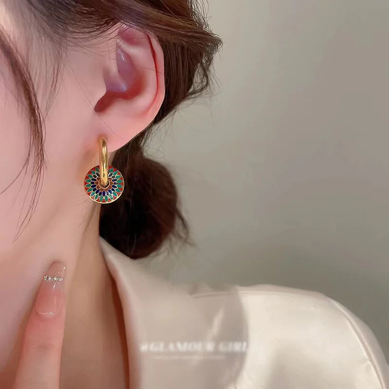 2 PCS Set Hear/Round Epoxy Earring Necklace Set Gold Color Metal Colorful Epoxy Women‘s Daily Wear Jewelry Valentines Gifts