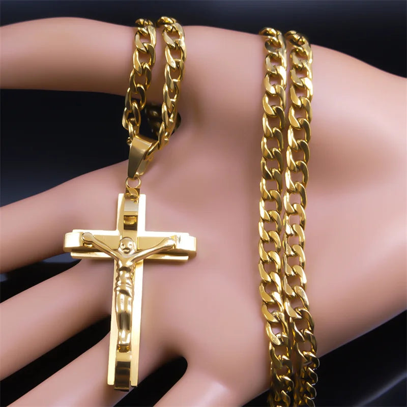 Fashion personality Cross Religious Pendant Men's Faith Stainless steel Gold plated Cross Necklace Punk Jewelry Accessories