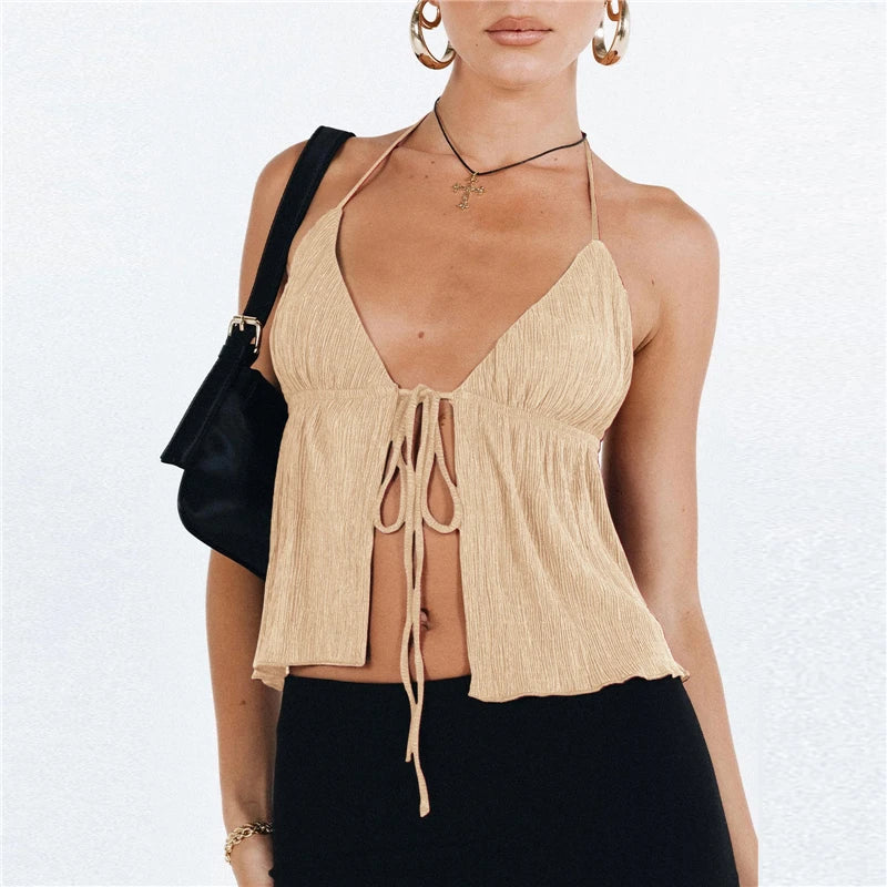 Bowknot Lace-Up Halter Crop Top