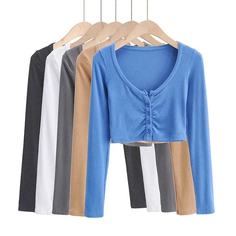 Long Sleeve Button Crop Top