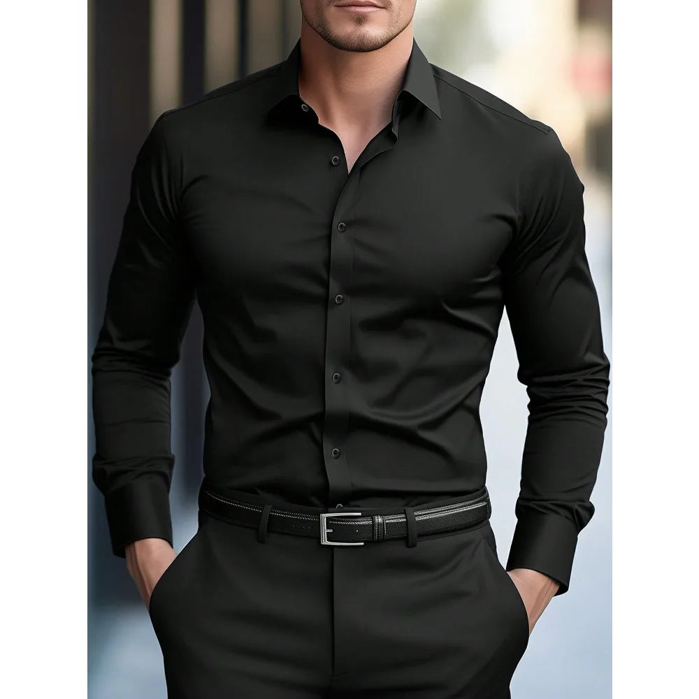 Elastic Fabric Long Sleeve Solid Shirt