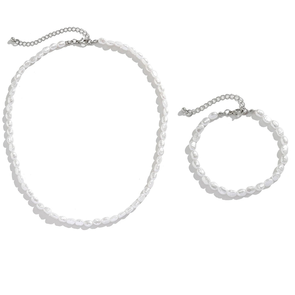 Salircon New Simple Imitation Pearl Necklace Bracelet Set Women Pendant Vintage Exquisite Clavicle Chains Party Accessory Gift