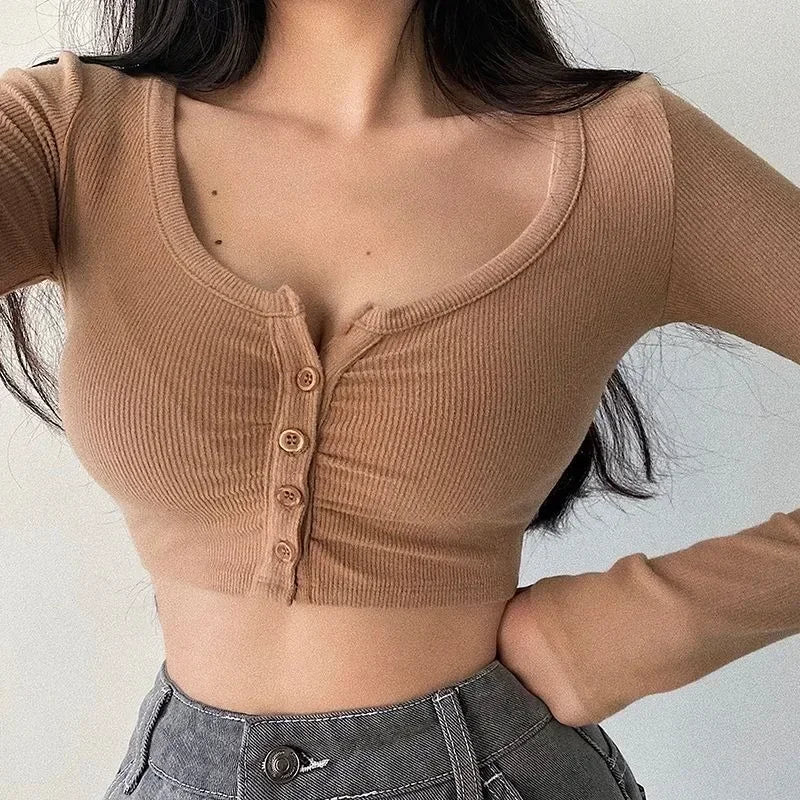 Long Sleeve Button Crop Top