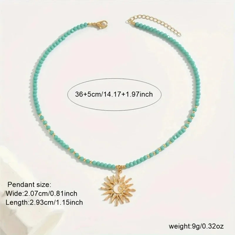 Retro Golden-Toned Sun Pendant Necklace for Women Elegant Turquoise Beads Chain Choker Neck Statement Party Vintage Jewelry Gift