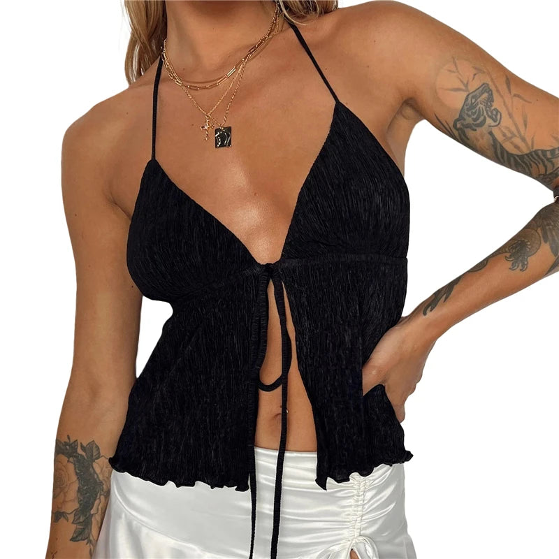 Bowknot Lace-Up Halter Crop Top