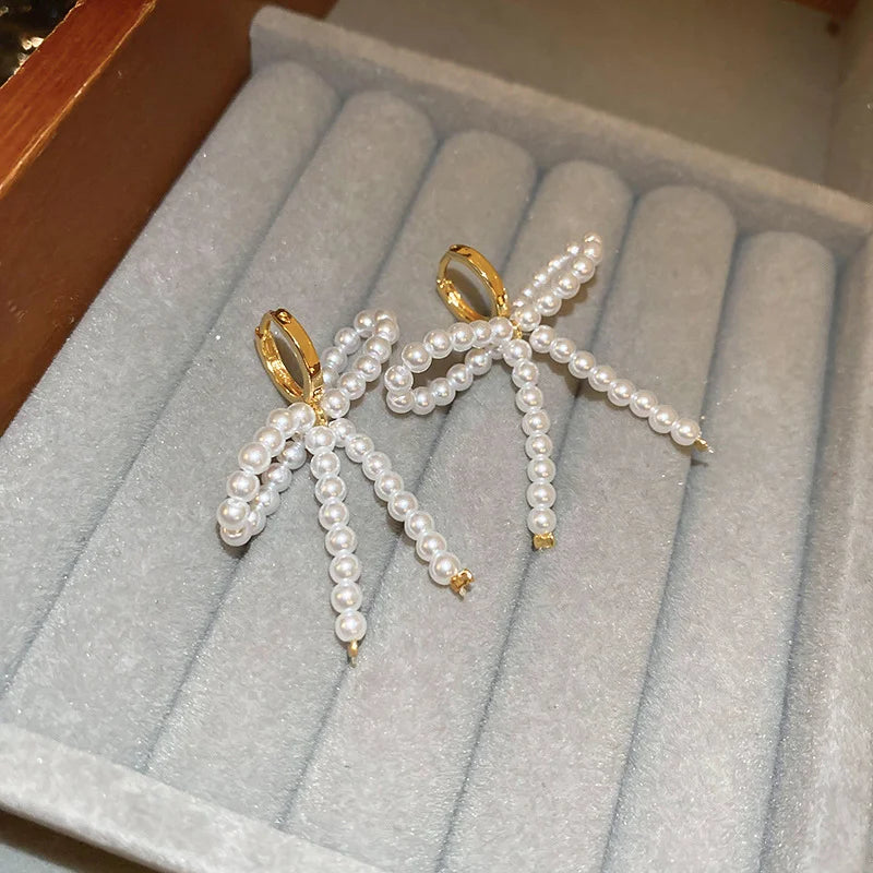 Women's White Bowknot Pearl Tassel Dangle Earrings