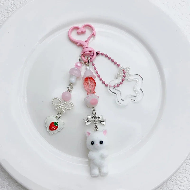 Cute Flocked Kitten Keychain with Five-Pointed Star Cat Paw Love Mobile Phone Chain Lanyard Pendant for Earphones & Cameras