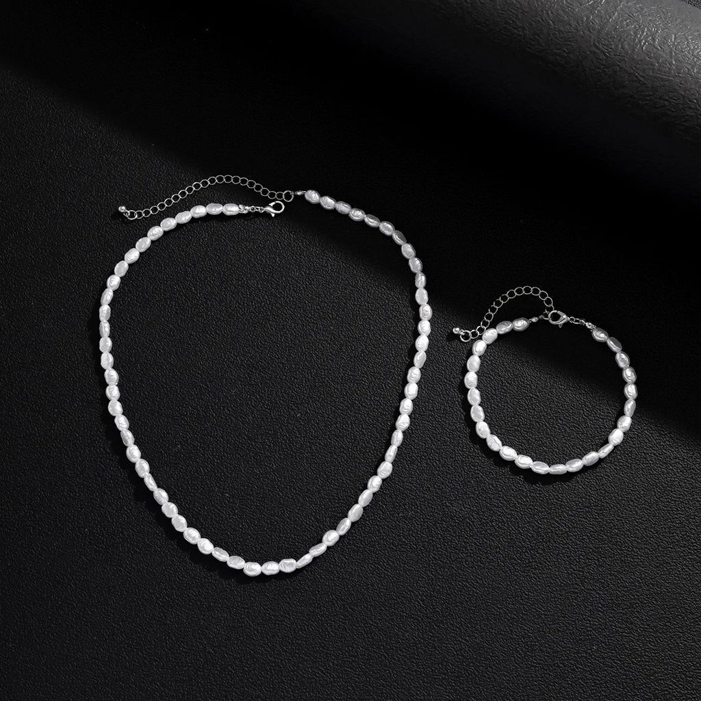 Salircon New Simple Imitation Pearl Necklace Bracelet Set Women Pendant Vintage Exquisite Clavicle Chains Party Accessory Gift