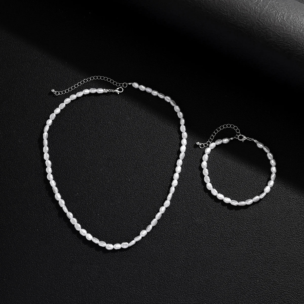 Salircon New Simple Imitation Pearl Necklace Bracelet Set Women Pendant Vintage Exquisite Clavicle Chains Party Accessory Gift