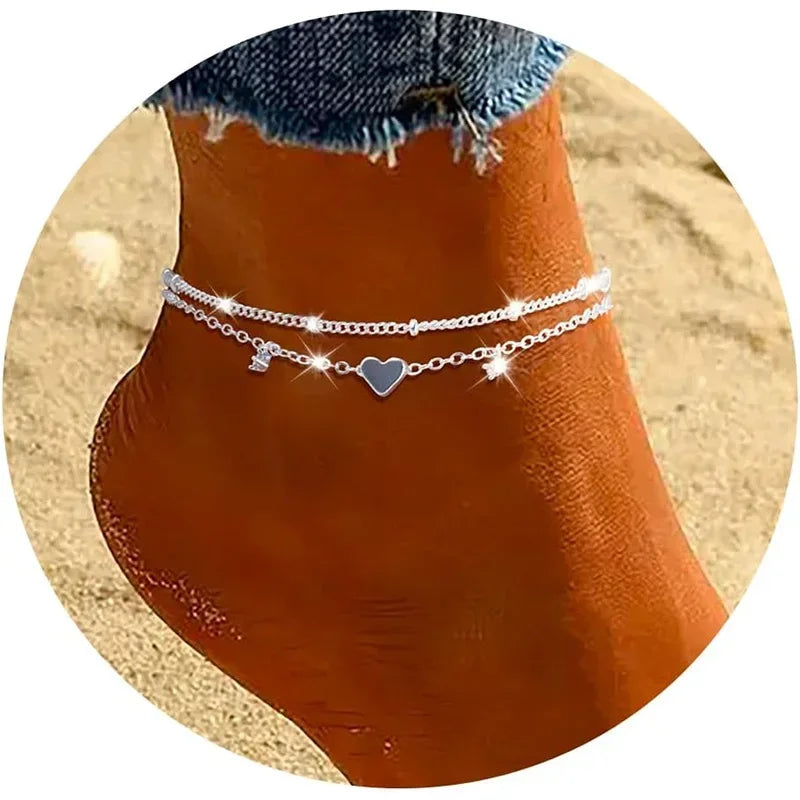 Dainty Layered Silver Anklet with Heart Charm - Elegant CZ Bracelet for Women, Waterproof & Trendy Gift