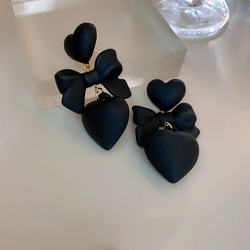 Heart Black Bow Earring for Women Design High-end Dangle Earrings Elegant New Fashion Solid Color Charm Jewelry