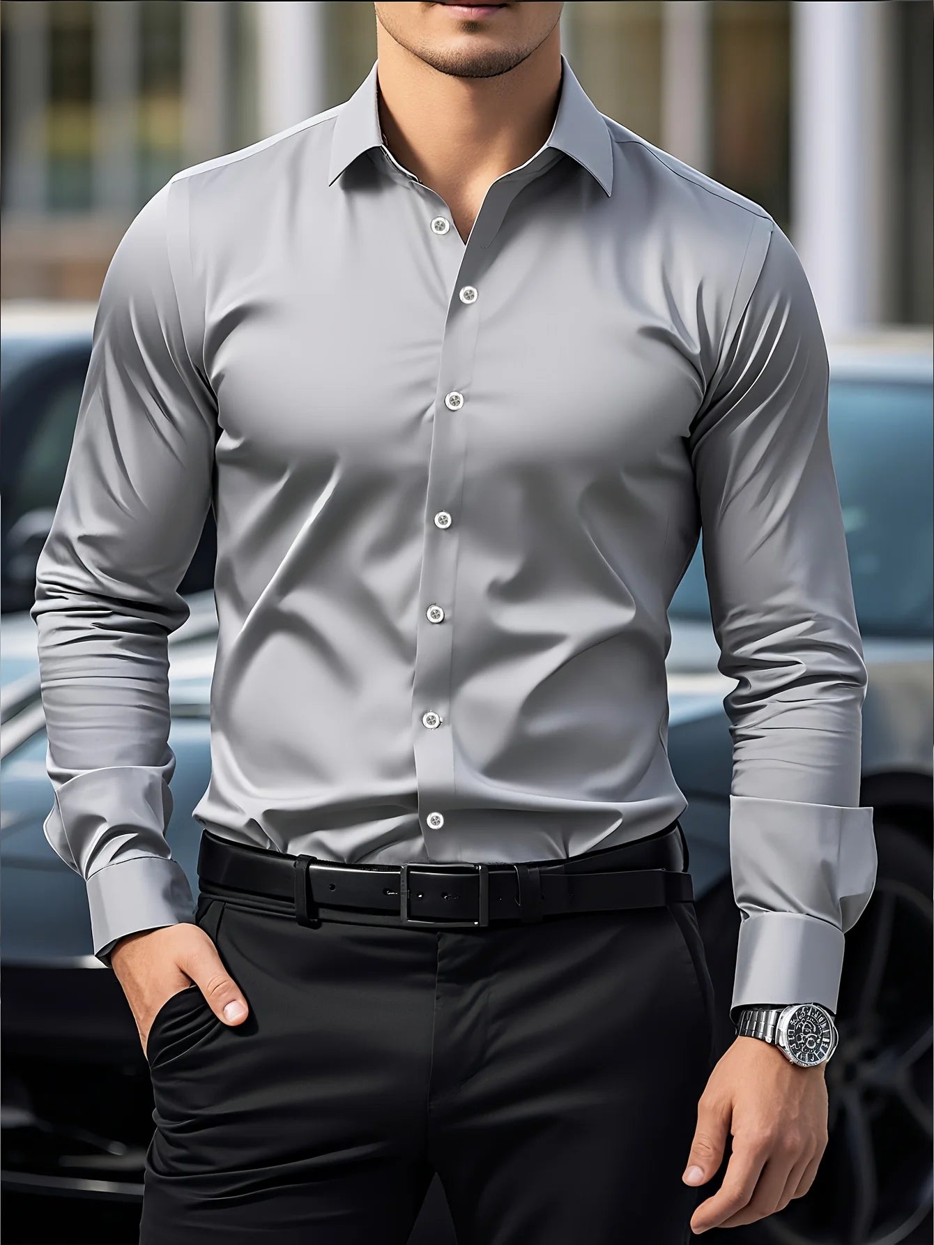 Elastic Fabric Long Sleeve Solid Shirt