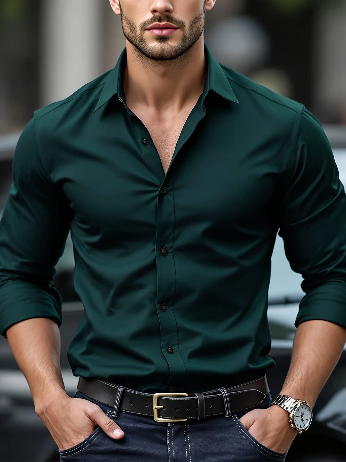 Elastic Fabric Long Sleeve Solid Shirt