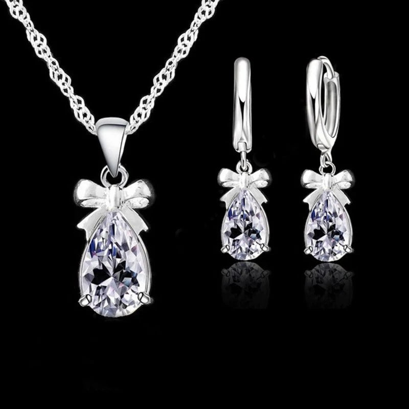 Women's 925 Sterling Silver CZ Dangle Earring & Pendant Necklace Set