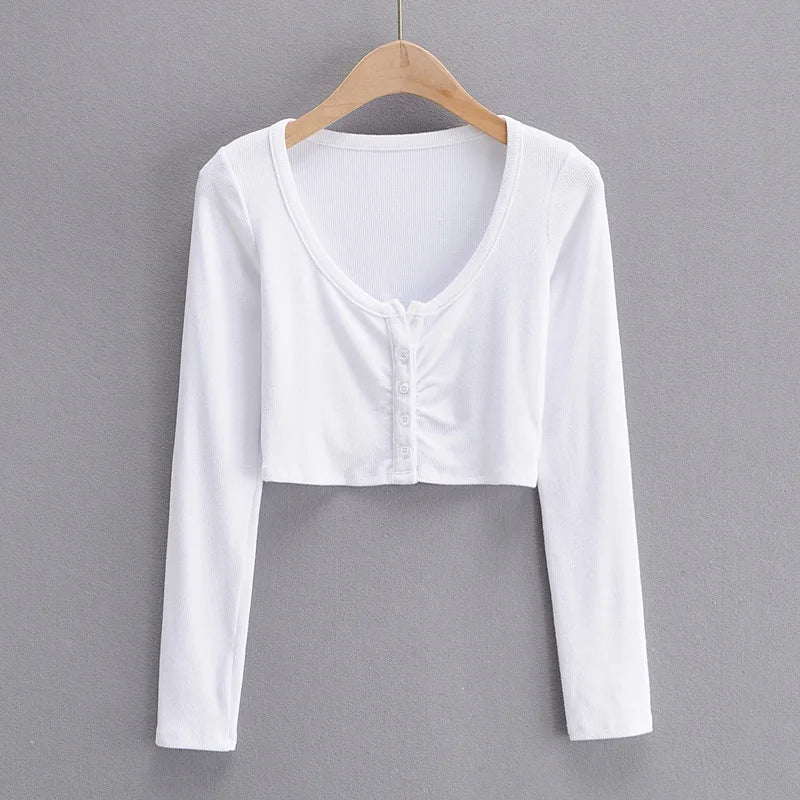 Long Sleeve Button Crop Top