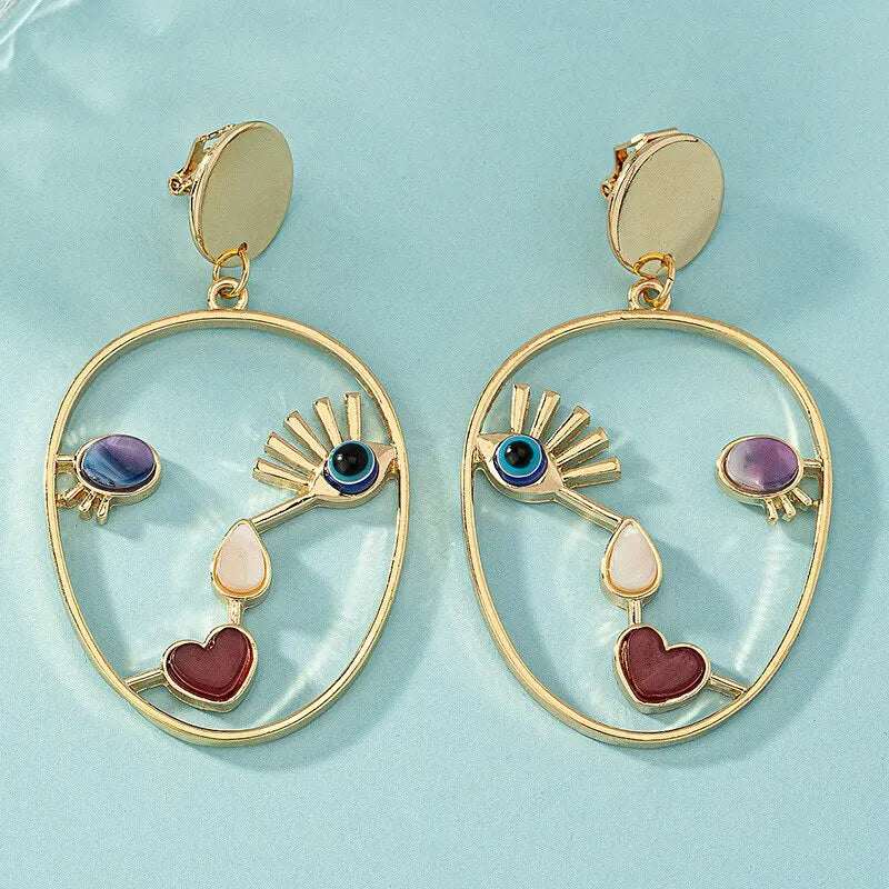 Creative Abstract Face Pendant Earrings For Women Gold-color Hollow Geometric Evil Eye Beads Dangle Earrings Female Jewelry