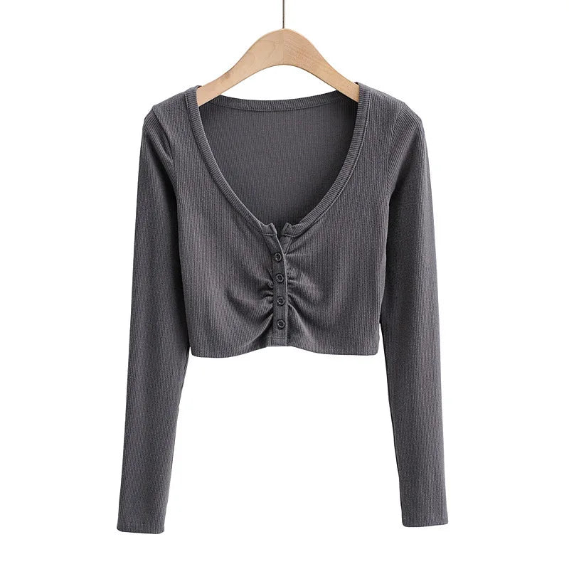 Long Sleeve Button Crop Top