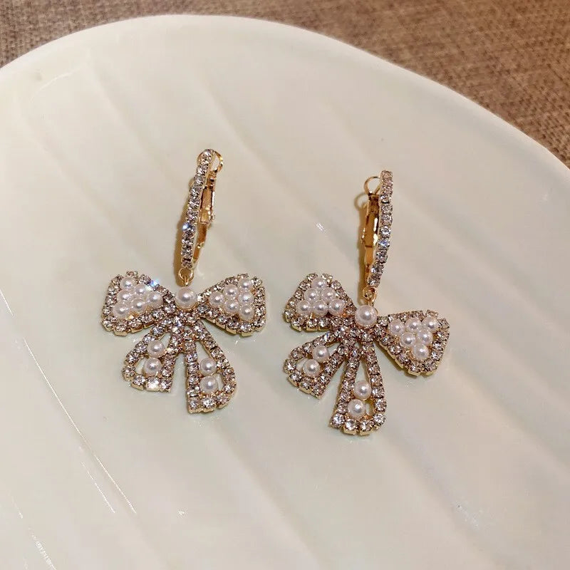 Women's White Bowknot Pearl Tassel Dangle Earrings
