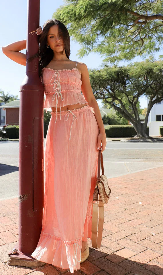 Bow Pleated Halter Top & Skirt Set