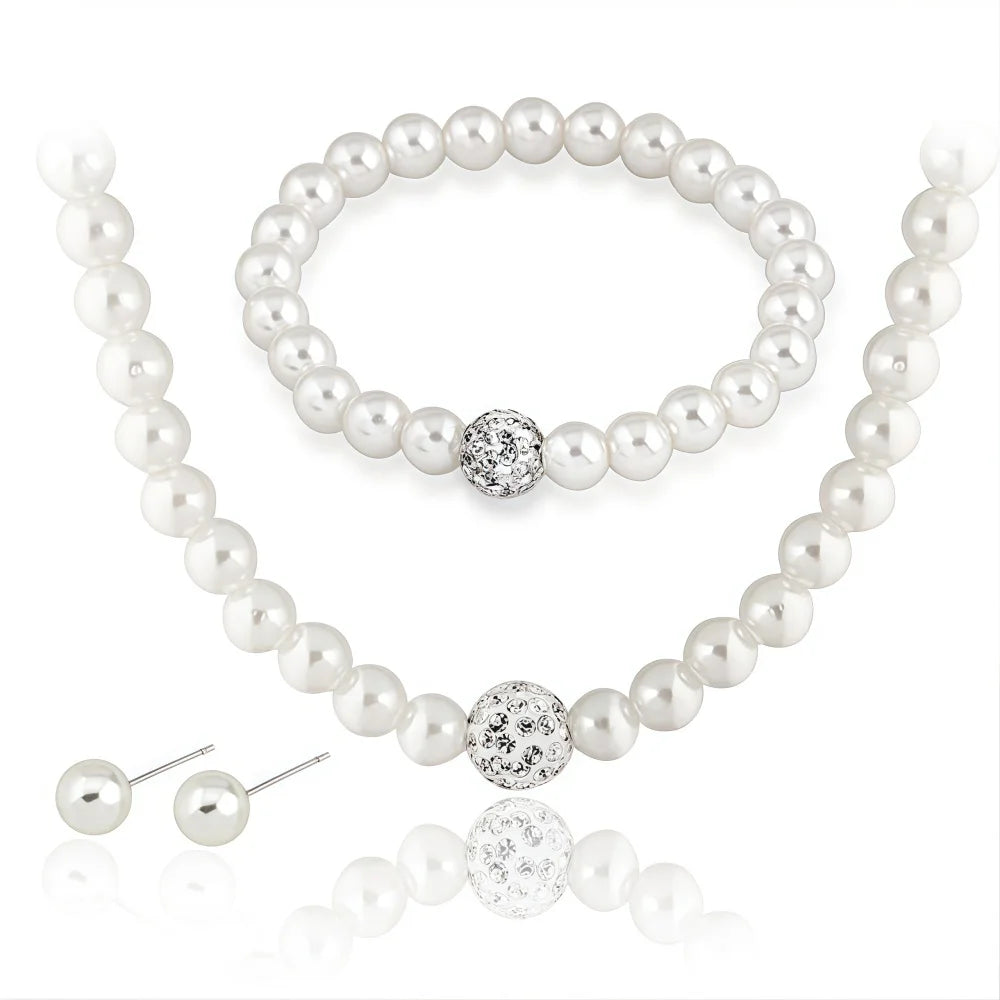 Women's 3-Piece Imitation Pearl Fireball Necklace, Bracelet & Earring Set