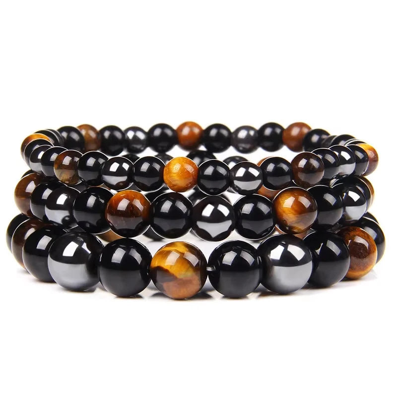Natural Obsidian Hematite Tiger Eye Beaded Bracelet