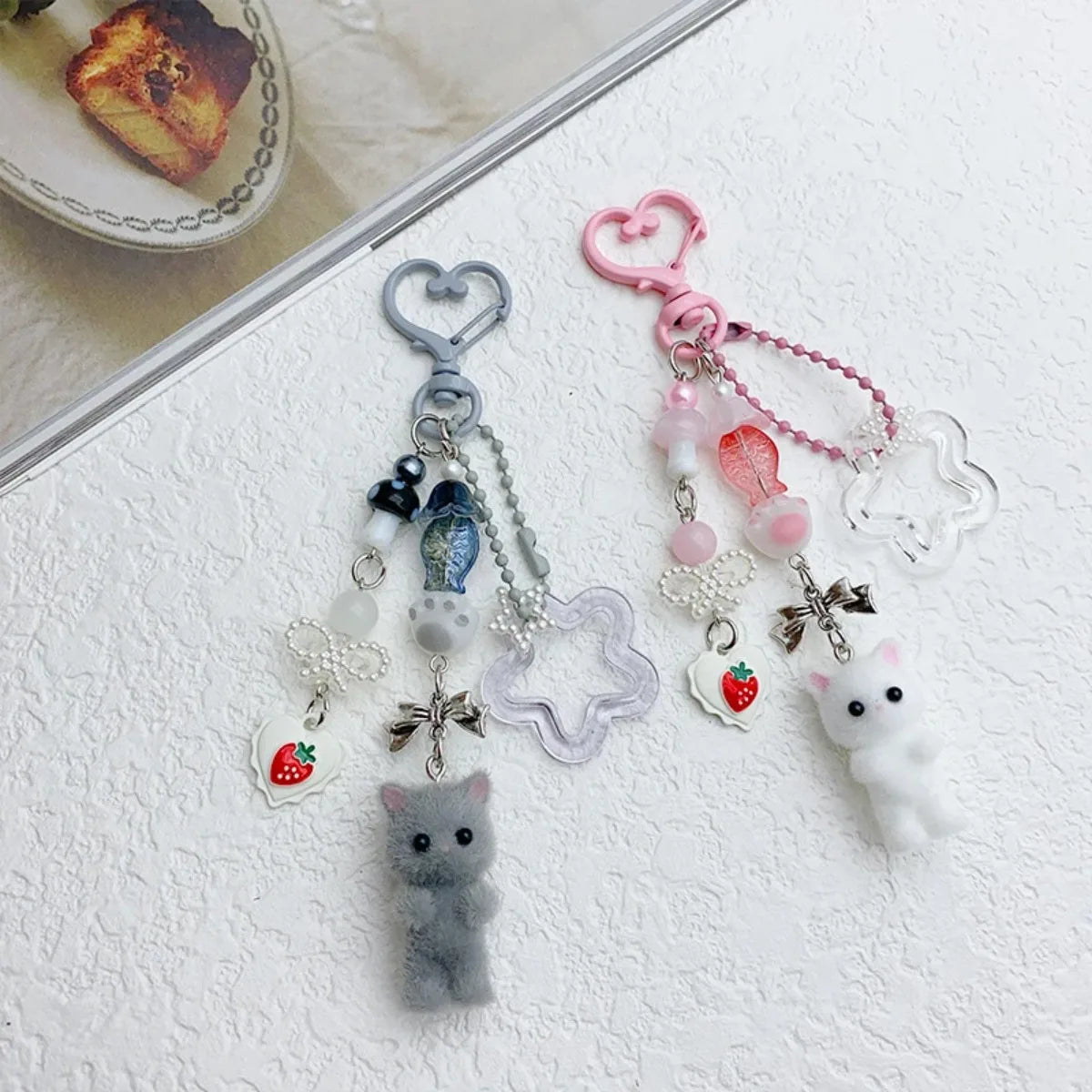 Cute Flocked Kitten Keychain with Five-Pointed Star Cat Paw Love Mobile Phone Chain Lanyard Pendant for Earphones & Cameras