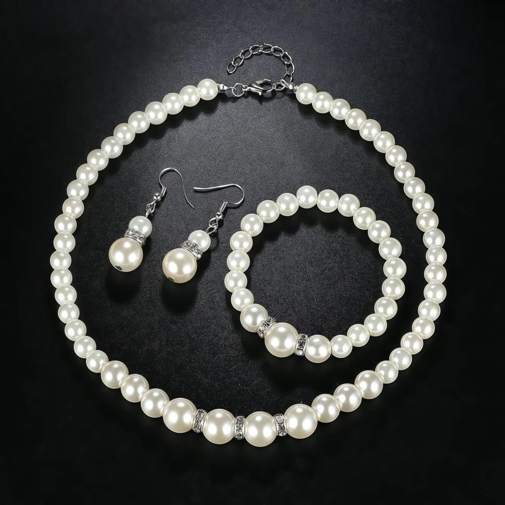 Women's 3-Piece Imitation Pearl Fireball Necklace, Bracelet & Earring Set
