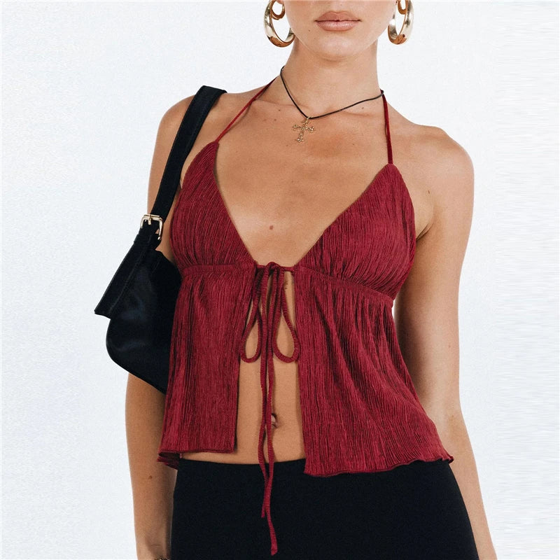 Bowknot Lace-Up Halter Crop Top