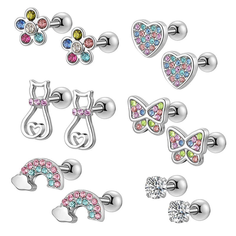 Women's Hypoallergenic CZ Screw Back Stud Earrings Set (6 Pairs)
